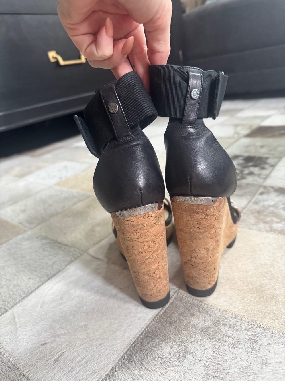 Jimmy Choo Black and Snake-Print Cork Wedge Sandals - Picture 4 of 5